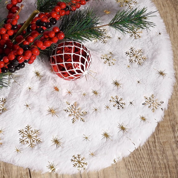 SDJMa Mini Christmas Tree Skirt, 16 Inches Golden Snowflake Faux Fur Tree Skirt, Christmas Tree Mat for Xmas Winter Holiday Party Farmhouse Home Decorations
