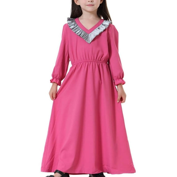 SDJMa Muslim Long Dress Medium Big Girls Long Sleeve V Neck Colorblock Dress
