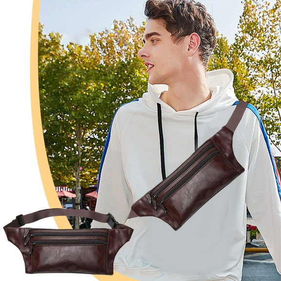 SDJMa PU Leather Slim Waist Pack for Men Women, Vintage Fanny Pack with 3 Zipper Pockets and Adjustable Strap, Large Capacity Crossbody Belt Bag for Traveling Hiking Cycling