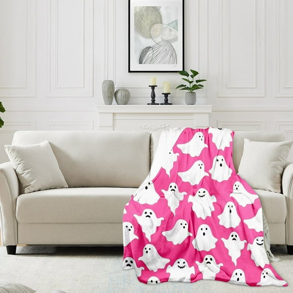 SDJMa Pink Halloween Spooky Blanket, 40"x50" Cartoon Pink Ghost Fleece Throw Blanket, for Bed Sofa Couch Kids Kawaii Cute Plush Blanket Pink Fuzzy Blanket Bedroom Flannal Blanket