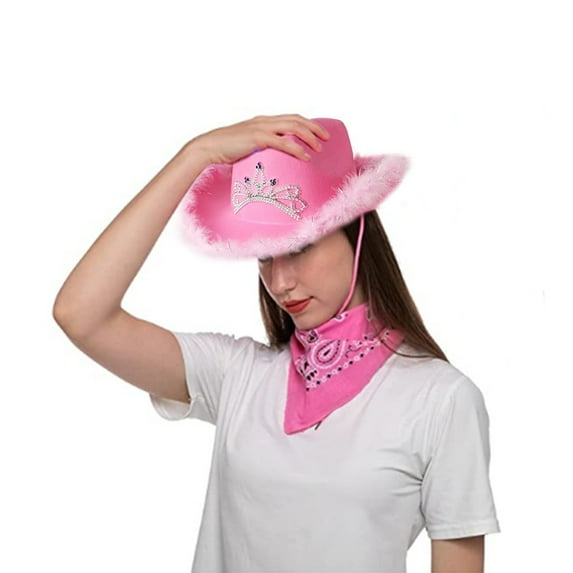 SDJMa Pink Velvet Cowgirl Hat - Cowboy Hat with Tiara Crown Rodeo Party Hats