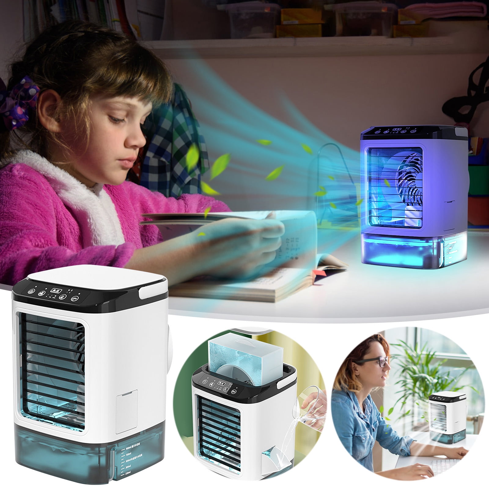 SDJMa Portable Air Conditioners with Handle, 900ml Evaporative Air Cooler with 3 Speeds & 2 Spray Modes & 7 Colors Night Light, USB Powered Personal Air Conditioner Fan for Room Office