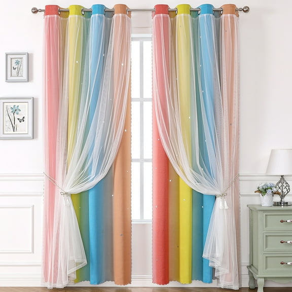 SDJMa Rainbow Curtains for Girls Bedroom 2 Panels Double Layer Blackout Curtains Grommets Top Star Cutout Window Drapes with Sheer for Living Room In 51 inch Length, C