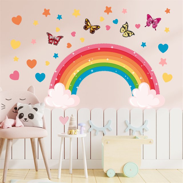 SDJMa Rainbow Wall Decals Unicorn Rainbow Butterflies Clouds Wall