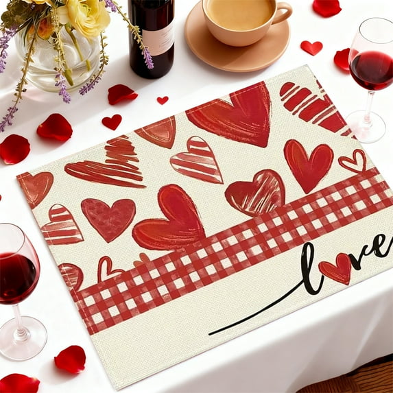 SDJMa Red Buffalo Plaid Love Heart Valentine Placemat, 12x18 Inch Table Mats for Anniversary Wedding Party Kitchen Dining Table Decoration