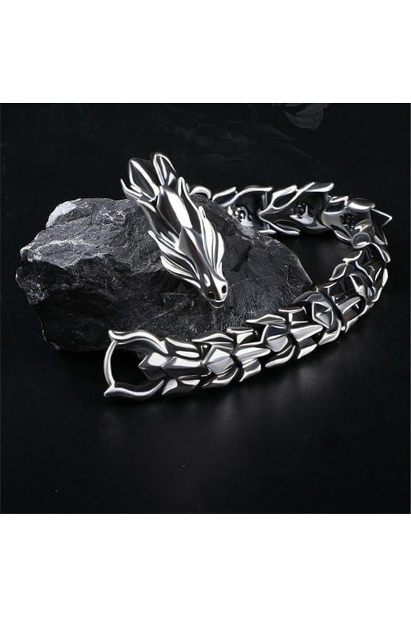 Retro Style Mens Steel Dragon Link Chain Bracelet, Vintage Old Metal Finishing, Spring Hook Clasp