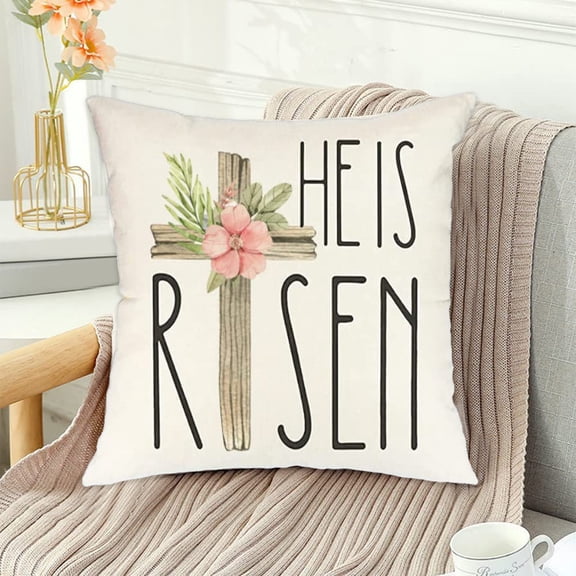 SDJMa He is Risen Easter Throw Pillow Cover, 18 x 18 Inch Pink Flower Cross Cushion Case Decoration for Bed Sofa Couch Spring Holiday Easter Party Home Religious Decor