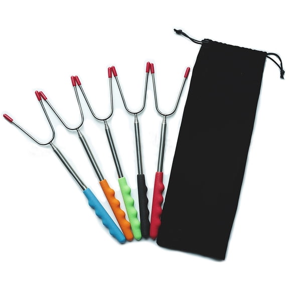 SDJMa Roasting Sticks for Fire Pit, 5 Pack 45'' Extendable Stainless Steel Hot Dog Fork, Barbecue Forks with Non-Slip Handle for Bonfire] Grill Campfire Party