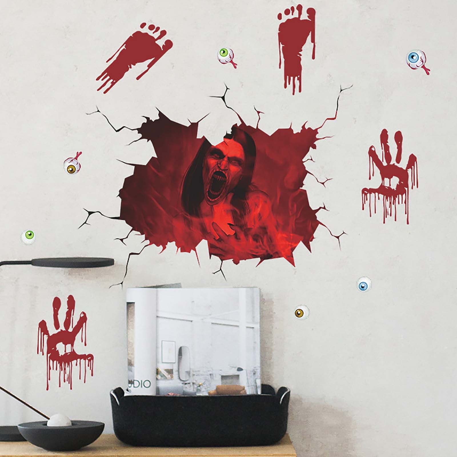 SDJMa Scary Halloween Wall Stickers 3D Ghost Floor Decals Art Decorations, Red Zombie Wall Floor