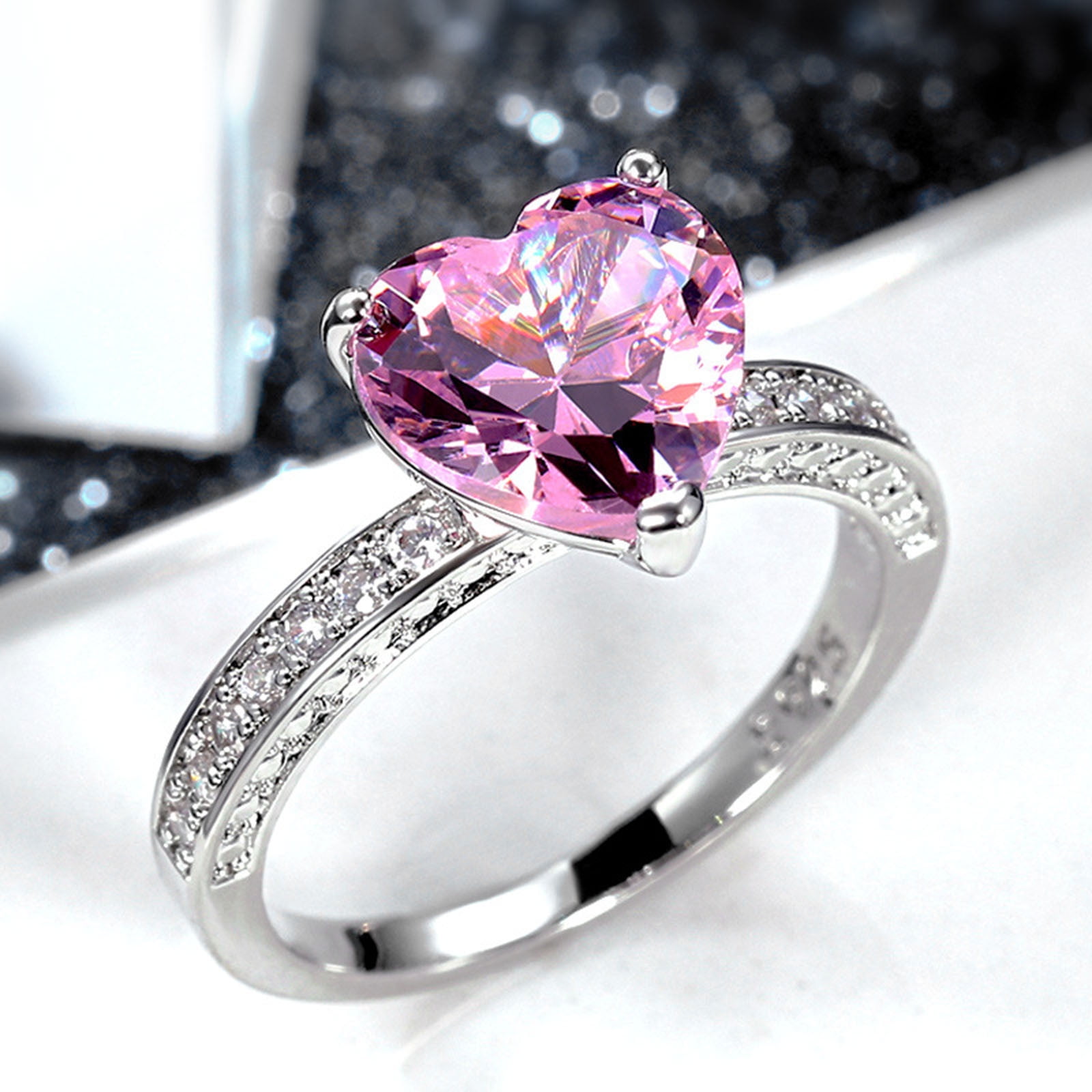 SDJMa Shiny Full Diamond Pink Heart Shaped Pink Gemstone Ring Cubic Zirconia Rings Eternity Engagement Wedding Band Ring for Women Size 6 Walmart Business Supplies
