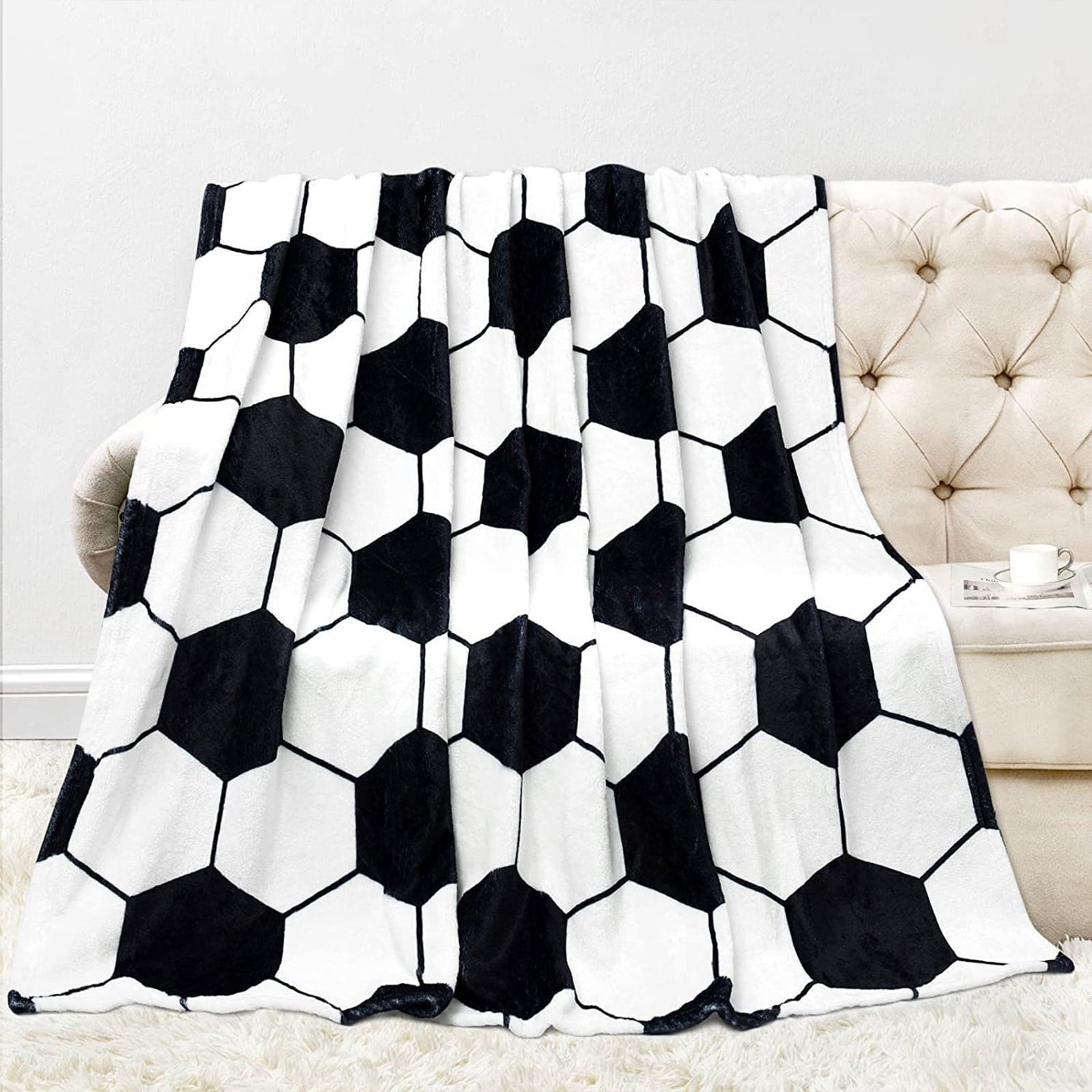 SDJMa Soccer Blanket Warm UltraSoft Soccer Ball White and Black Throw