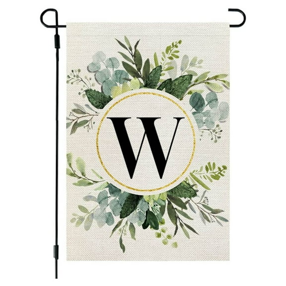 SDJMa Spring Summer Garden Flag, 18x12 Inch 26 Letter Green Leaves Floral Double Sided Linen Yard Flag for Outdoor Patio Lawn Farmhouse Home Decor