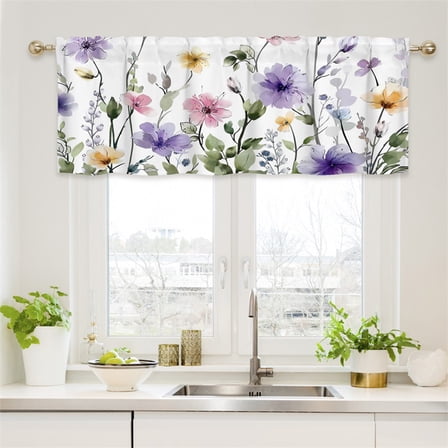 SDJMa Spring Wildflowers Curtain Valance, Watercolor Floral Printed Short Rod Pocket Window Treatment for Farmhouse Home Office Kitchen Bathroom Bedroom Living Room Decor, 52"x18"