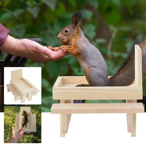SDJMa Squirrel Feeder Table, Wooden Squirrel Picnic Table Feeder, Durable Squirrel Feeder Corn Cob, with Solid Structure and 2 x Thick Benches, Stable Squirrels Feeder, 8.3 x 7 x 7 Inches