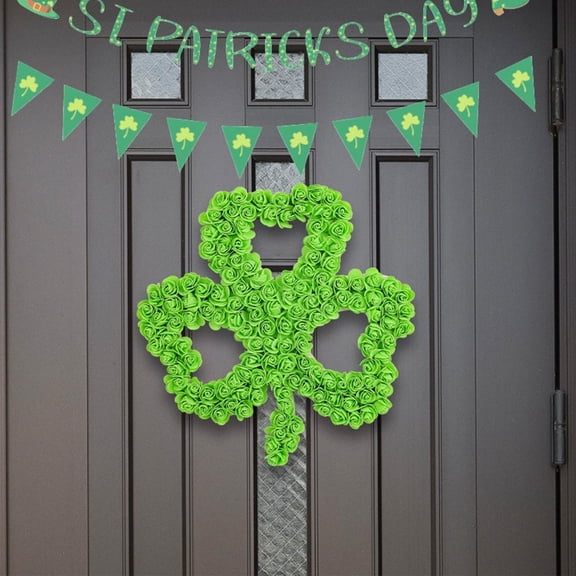 SDJMa St. Patrick's Day Wreath, Artificial Shamrock Wreath with Green Foam Rose, Irish Welcome Sign for Front Door Porch Wall Hanging Decoration
