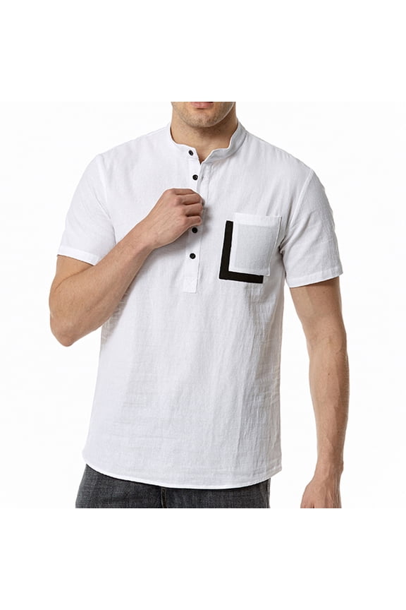 Summer Shirts for Men Cotton Linen Henley Shirt Short Sleeve Cargo Shirt Pullover collar Shirt for men