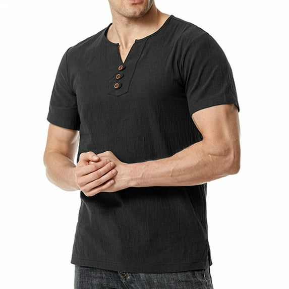 SDJMa Summer Shirts for Men Cotton Linen Henley Shirt Short Sleeve Cargo Shirt Side split Shirt for men
