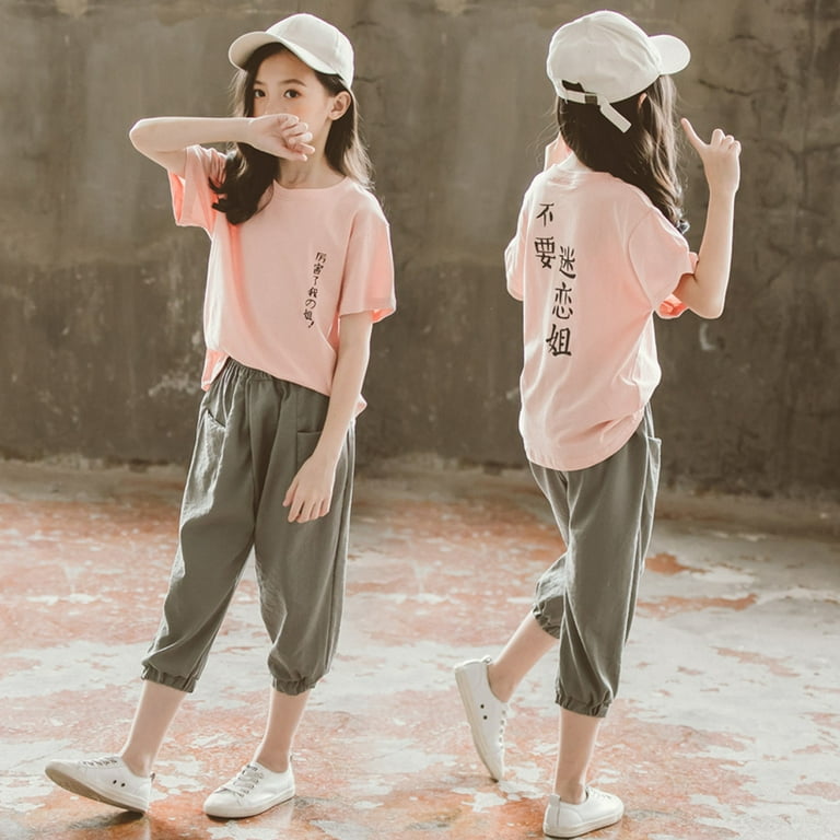 SDJMa Teen Kids Girls Chinese Japanes Text T Shirt Short Sleeve Tops Pants  Outfits Set 