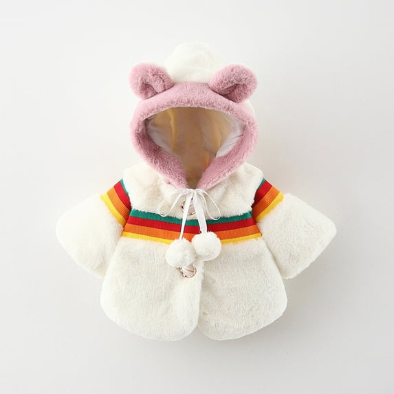 SDJMa Toddler Girls Solid Color Rainbow Plush Cute Rabbit Ears Winter Hoodie Thick Coat Cloak