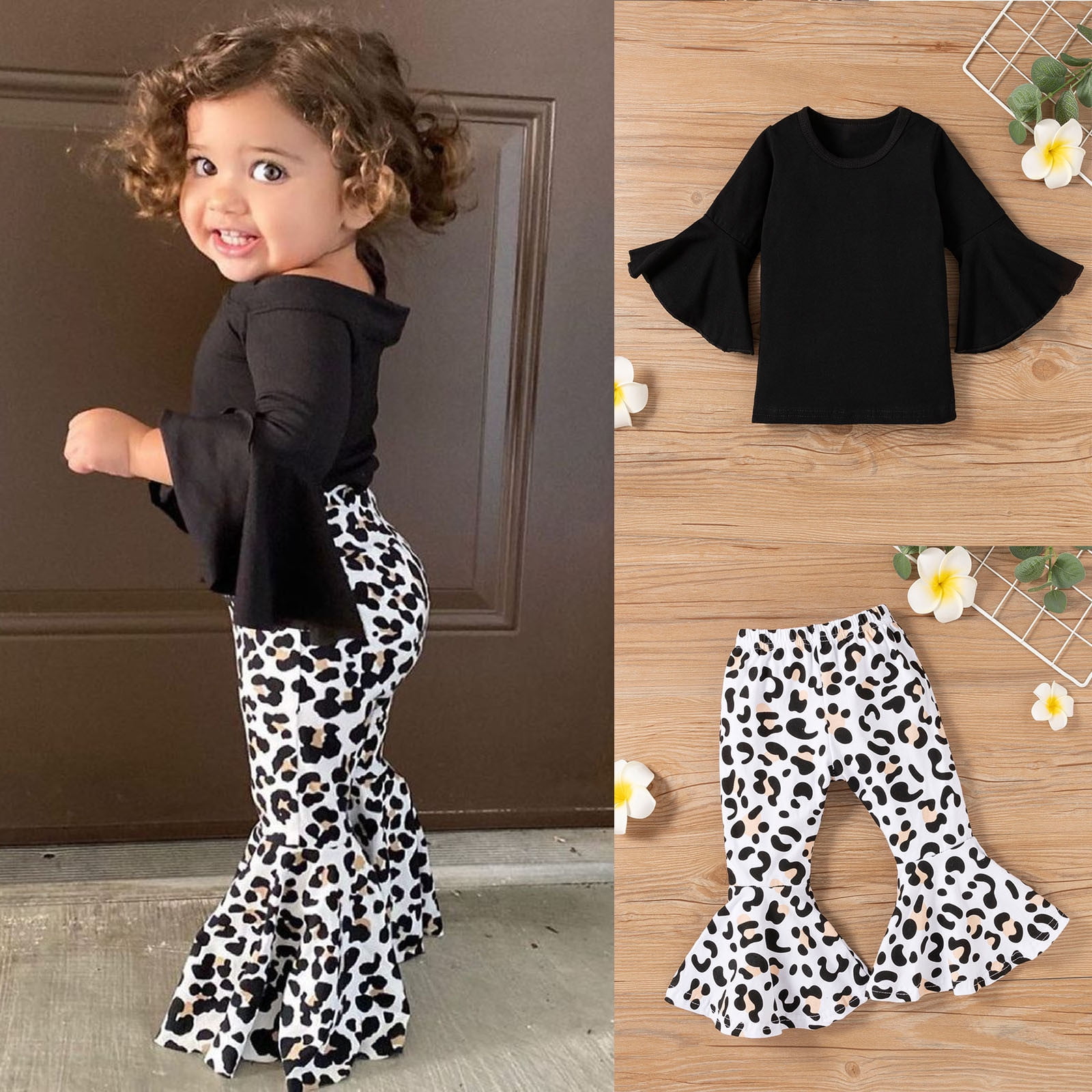 Buy Toddler Baby Girl Leopard Outfit Long Sleeve Ruffle T-Shirt Tops+Pants  Bottom Leggings Headband Clothes Set (A-Black, 1-2 Years) at
