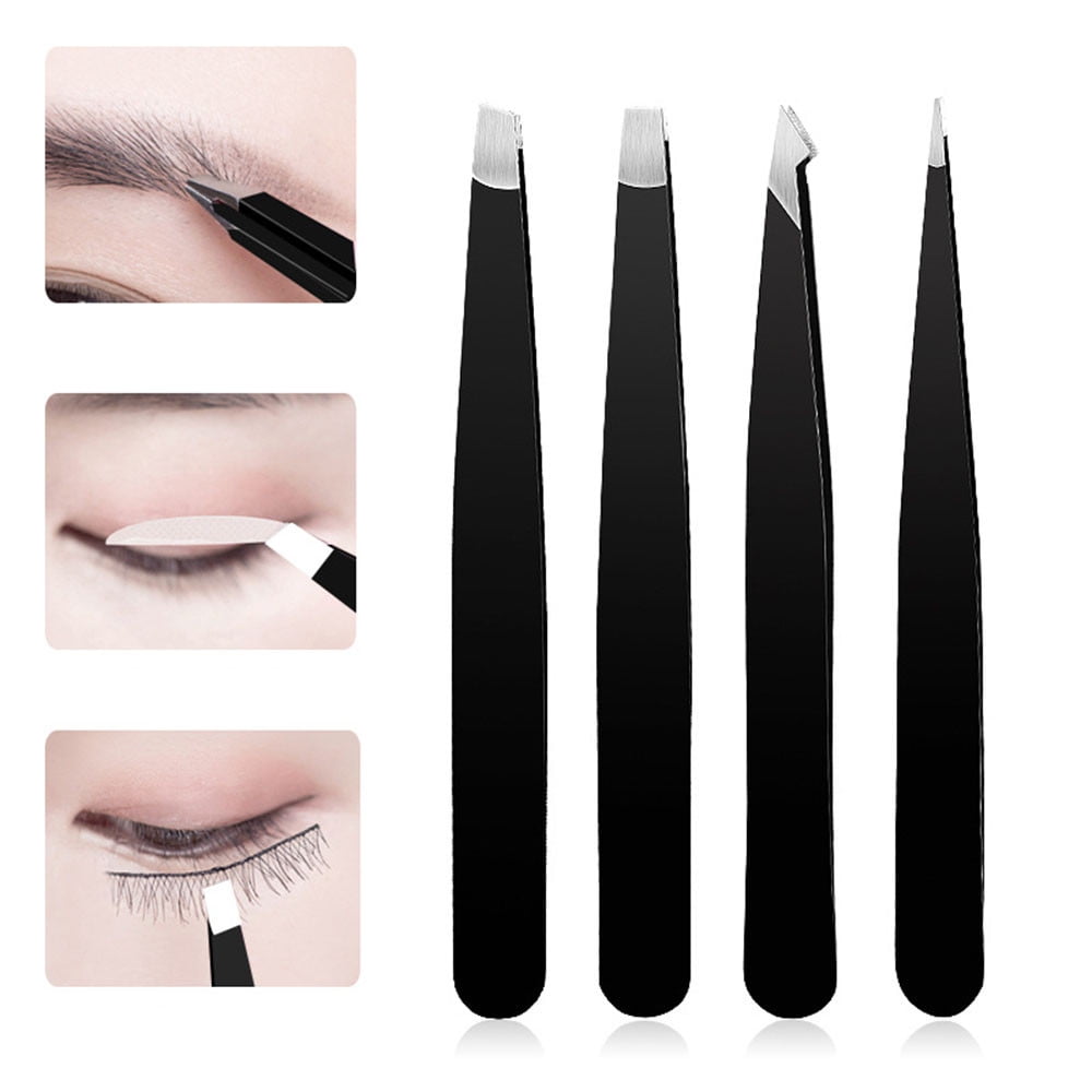 SDJMa Tweezers Set-4 Pieces Slanted and Pointed Stainless Steel Tweezers Precision Tweezer for Eyebrows, Facial Hair, Ingrown Hair and Blackheads Removal