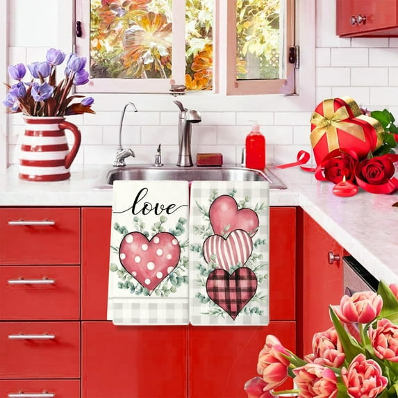 SDJMa Valentines Day Kitchen Towels Set of 2, 15.7x23.6 Inch Red Heart Love Dish Towels for Farmhouse Home Decorations