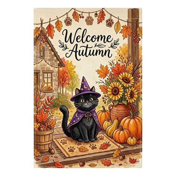 SDJMa Welcome Fall Black Cat Garden Flag 12x18 Inch, Rustic Animal Printed Yard Flag for Outdoor Autumn Harvest Thanksgiving Halloween Farmhouse Home Decor