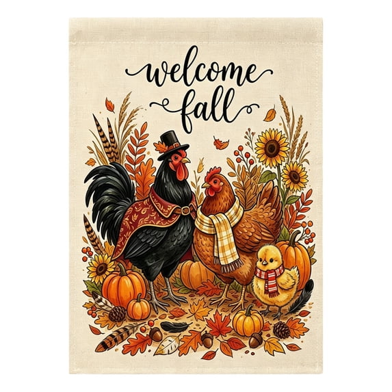 SDJMa Welcome Fall Chicken Garden Flag 12x18 Inch, Rustic Farm Animal Printed Yard Flag for Outdoor Autumn Harvest Thanksgiving Farmhouse Home Decor