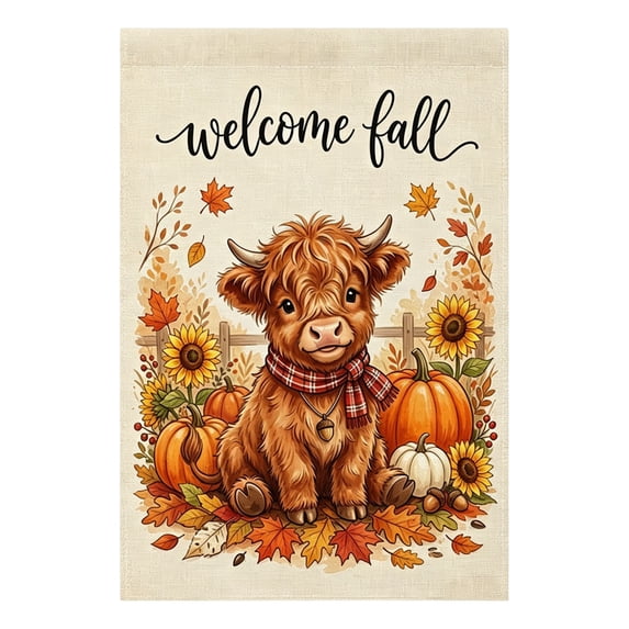SDJMa Welcome Fall Highland Cow Garden Flag 12x18 Inch, Rustic Farm Animal Printed Yard Flag for Outdoor Autumn Harvest Thanksgiving Farmhouse Home Decor