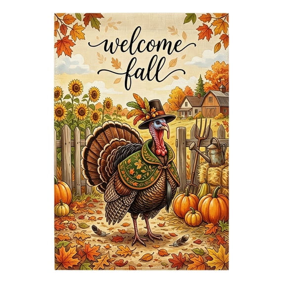 SDJMa Welcome Fall Turkey Garden Flag 12x18 Inch, Rustic Animal Printed Yard Flag for Outdoor Autumn Harvest Thanksgiving Farmhouse Home Decor