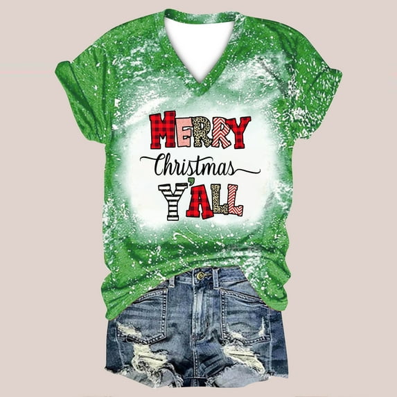 SDJMa Women's Classic-Fit 100% Cotton Short-Sleeve T-Shirt Christmas Fashion Woman Causal V-Neck Printing Blouse Short Sleeve T-Shirt Tops