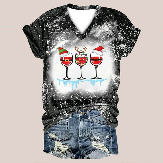 SDJMa Women's Classic-Fit 100% Cotton Short-Sleeve T-Shirt Women Casual Print Christmas Loose Short Sleeve V-Neck Tops