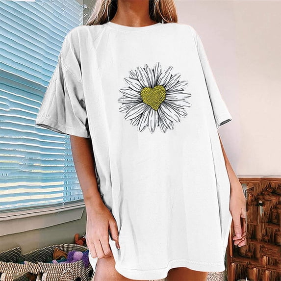 SDJMa Women's Classic-Fit 100% Cotton Short-Sleeve T-Shirt Women Little Daisy Print O-Neck Loose Short Sleeve T-shirt Top Blouse Pullover