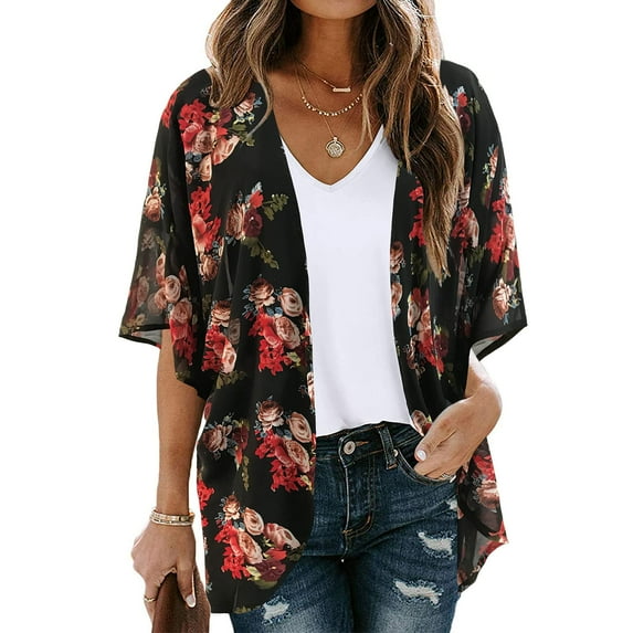 SDJMa Women's Lightweight Open-Front Cardigan Sweater Women's Floral Print Puff Sleeve Kimono Cardigan Loose Chiffon Cover Up Casual Blouse Tops