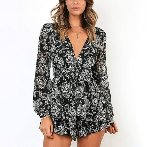 SDJMa Women's Swim Board Shorts Swimming Women Printed Beach Jumpsuits Deep V-Neck Long Sleeve Bandage Knot Ruffle Hem Floral Rompers