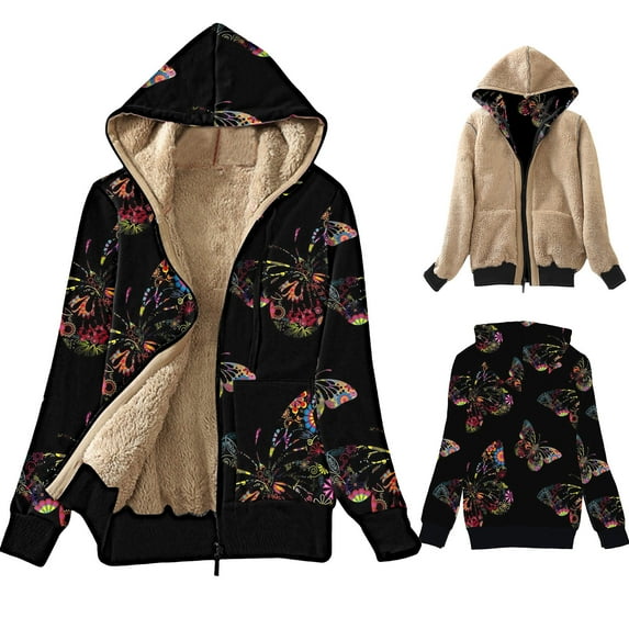 SDJMa Women's Zip Up Hoodie Fleece Warm Lined Sherpa Jacket Winter Warm Color Aesthetic Butterfly Print Coats with Pockets