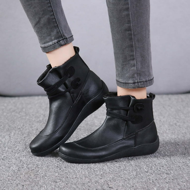 SDJMa Womens Combat Boots Black Ankle Booties Causal Low Heel Lace-up Work  Combat Boots Waterproof PU Leather Boots for Women