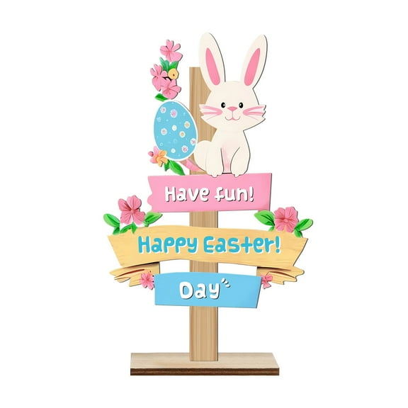 SDJMa Wooden Easter Day Sign Happy Easter Sign Table Decor Wooden Egg Bunny Holiday Decorations for Home Office Shelf Mantel Tiered Tray Decor