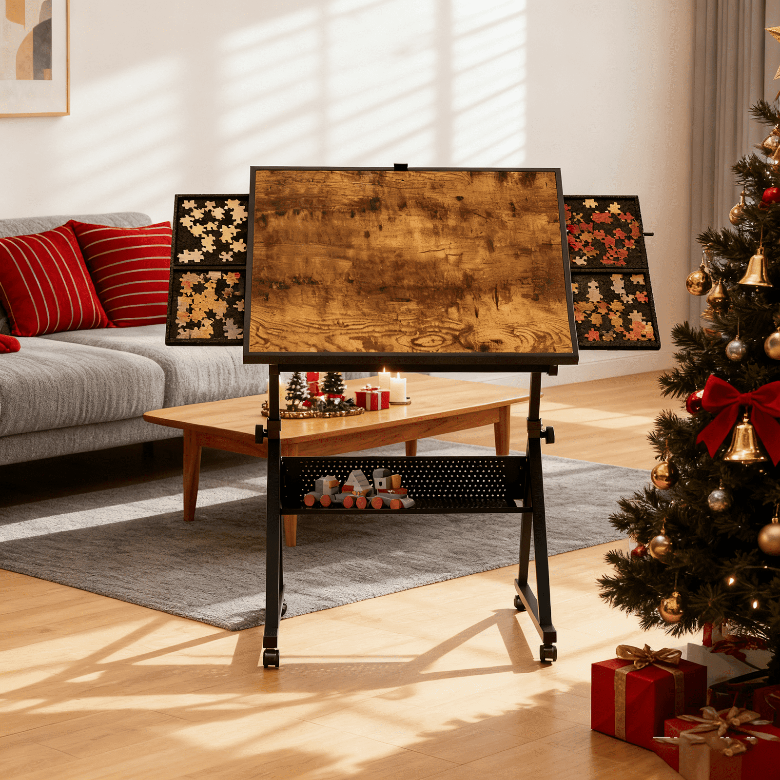 SDJPOI 1500 Pieces Large Puzzle Table with 4 Drawer & Wooden Cover, Adjustable Height & Angle Puzzle Table with Wheels & Storage Shelf for Adults and Teens, Christmas Birthday Gift