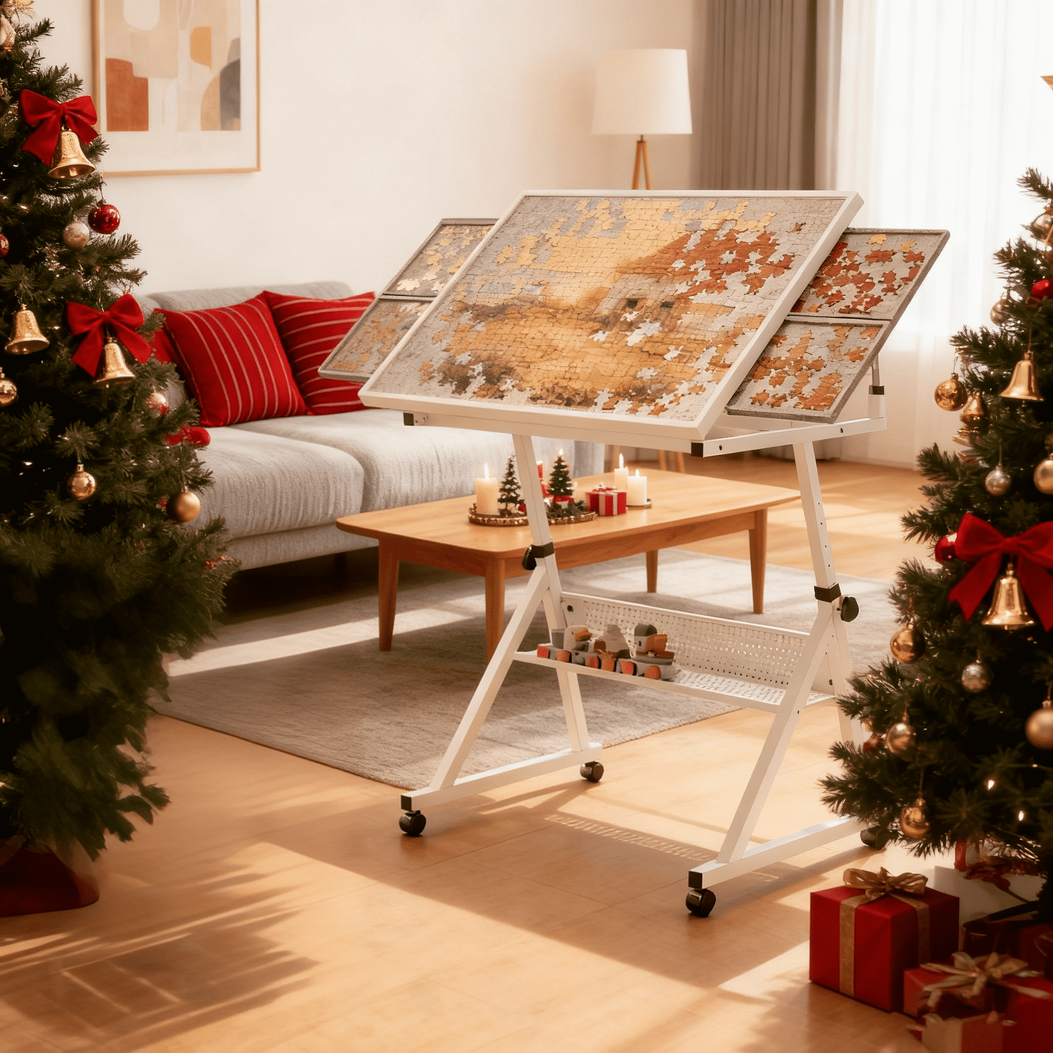 SDJPOI 1500 Pieces Large Puzzle Table with 4 Drawer & Wooden Cover, Adjustable Height & Angle Puzzle Table with Wheels & Storage Shelf for Adults and Teens, Christmas Birthday Gift