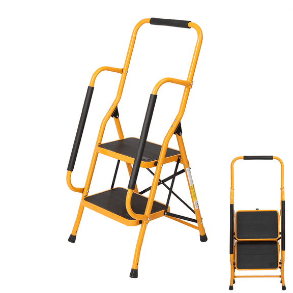 SDJPOI 2 Step Ladder with Handrails Folding Step Stool, 330lb Capacity Portable Step Stool with Wide Anti-Slip Pedal, Space saving & Multi-use Sturdy Steel Step Ladder for Home Kitchen Shop Office