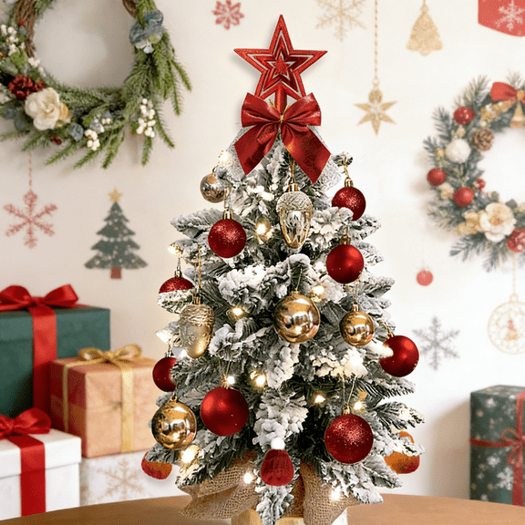 SDJPOI 22in Pre-Lit Artificial Mini Christmas Tree, Snowy Flocked Small Tabletop Christmas Tree with LED Light, Exquisite Xmas Pine Tree for Home Desk Indoor Decor