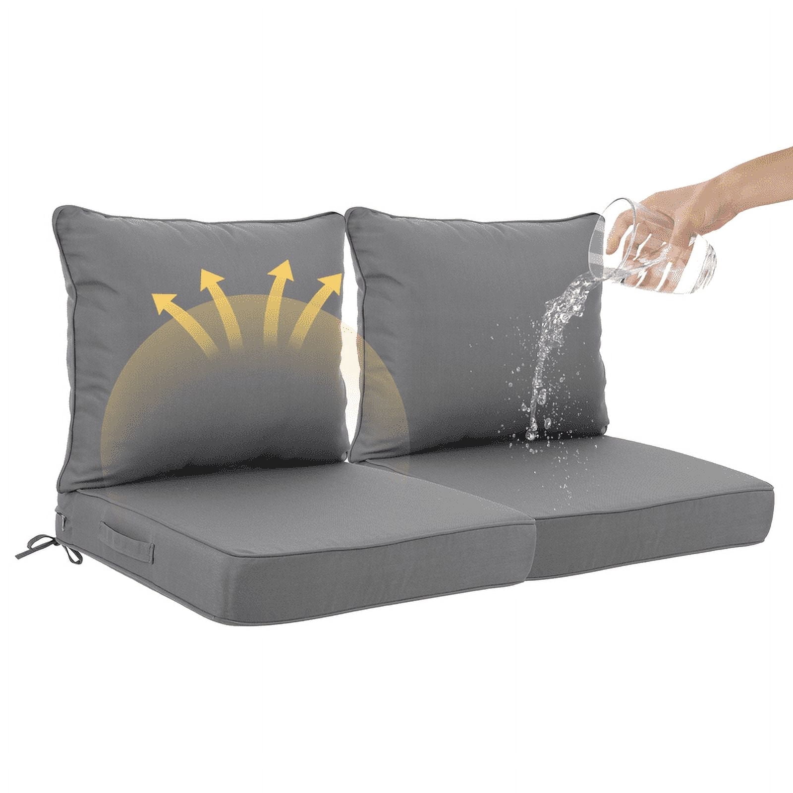 SDJPOI 2 Set Outdoor Deep Seat Cushions, 24"x24"X4.3" Waterproof Fade-Resistant Patio Furniture Cushions with Removable Covers & Adjustable Ties for Chairs, Sofa, Couch