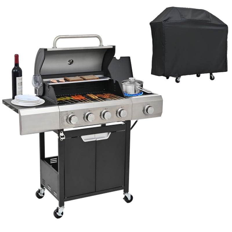 SDJPOI  3 Burner Propane Gas Grill with Side Burner & Grill Cover, 40500 BTU Output / WIth Pull Out Grease Tray, Storage Rack, Tool Hooks & Bottle Opener, Patio Grilling Barbecue Grill