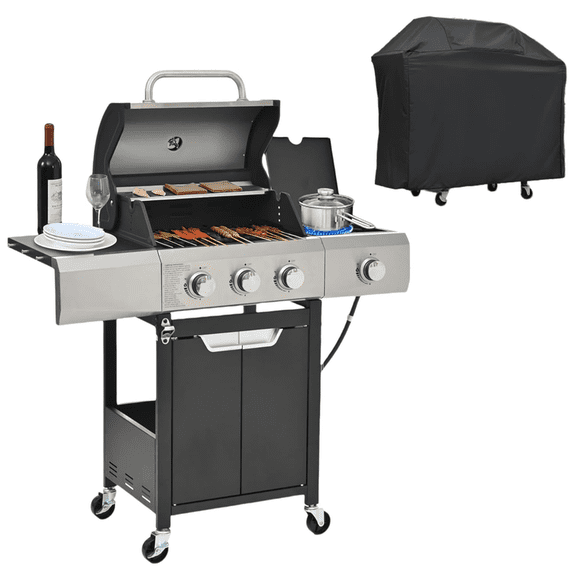 SDJPOI 3 Burner Propane Gas Grill with Side Burner & Grill Cover, 40500 BTU Output / WIth Pull Out Grease Tray, Storage Rack, Tool Hooks & Bottle Opener, Patio Grilling Barbecue Grill