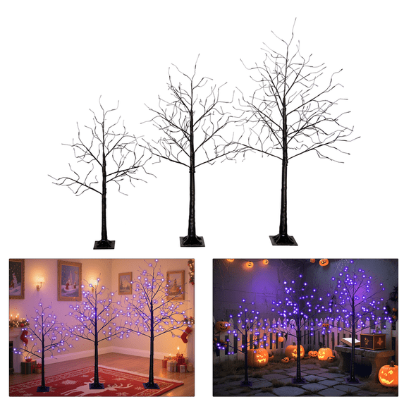 SDJPOI 3-Pack Halloween Lighted Tree Set - 4FT, 5FT, 6FT Black Spooky Trees with Purple LED Lights for Indoor Outdoor Decor