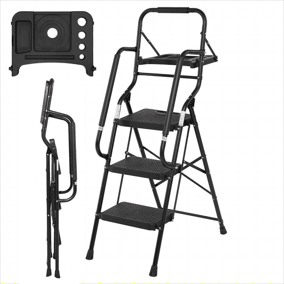 SDJPOI 3 Step Ladder with Handrails, 330 lb Capacity Folding Step Stool, Heavy Duty Steel Stepladder with Wide Non-Slip Pedals & Tool Tray for Home Kitchen, Black