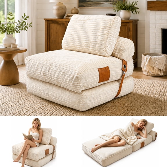 SDJPOI 3-in-1 Foldable Floor Sofa Bed, Convertible Sleeper Chair with Headrest, Lumbar Pillow & Pockets, Foldable Mattress for Living Room, Bedroom, Apartment