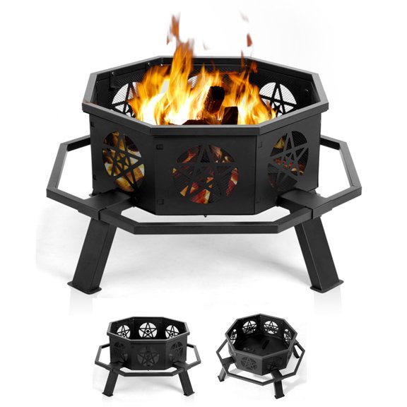 SDJPOI 35 Inch Heavy Duty Steel Wood Burning Fire Pit - Large Octagonal Outdoor Fire Bowl for Patio, Backyard & Camping (Black)