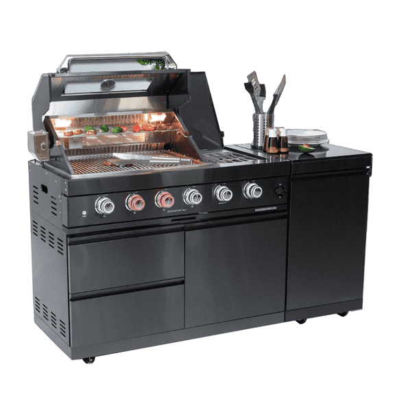 SDJPOI 4-Burner Gas Outdoor Kitchen Grill Island, Stainless Steel Grill with 72,000BTU Output, Rotisserie Kit & Granite Countertops and Round Side Burner